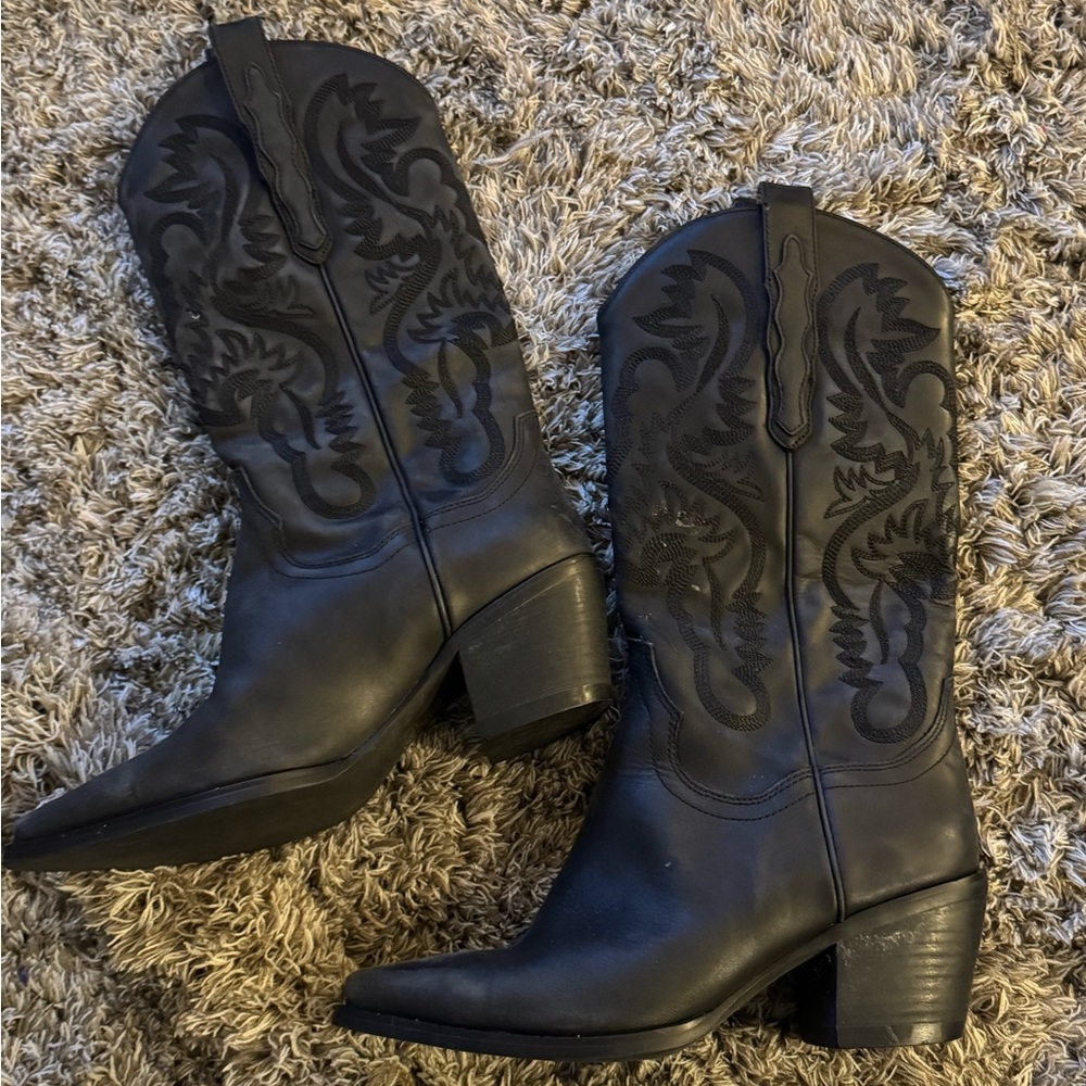 Jeffrey Campbell Black Embroidered Heeled Boots-Dagget